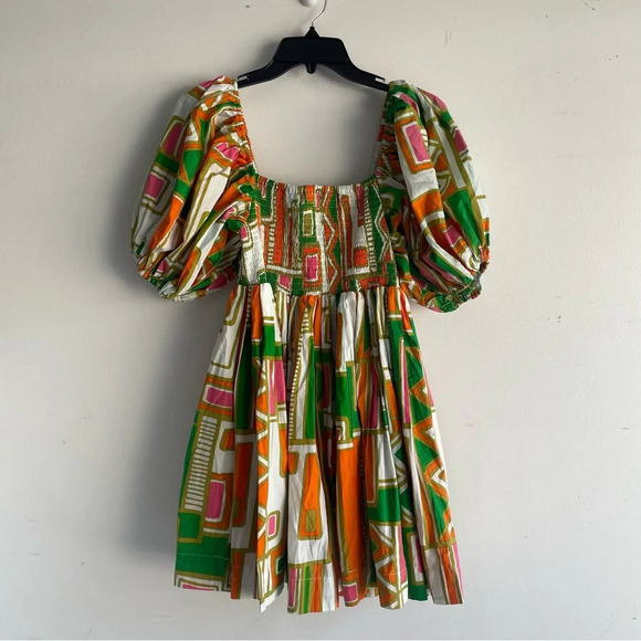 S/W/F SWF Puff Sleeve Babydoll Dress green white orange 22345 - Picture 3 of 8